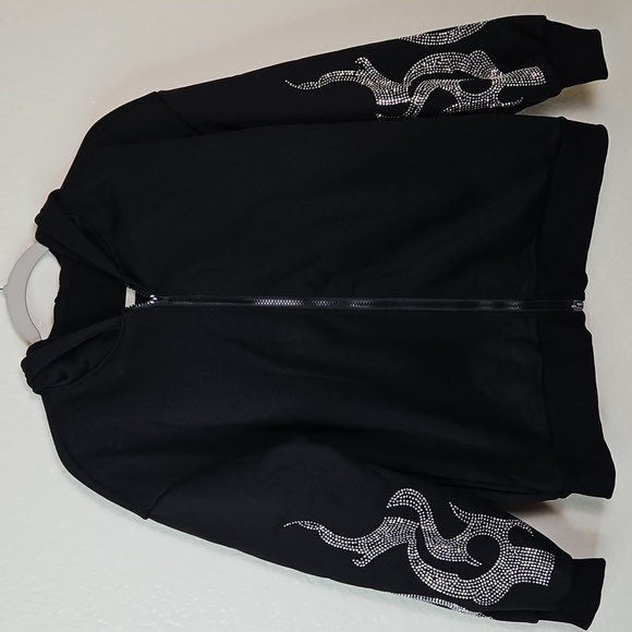 Black Zip-Up Hoodie with Rhinestone Flame Design - Picture 2 of 12
